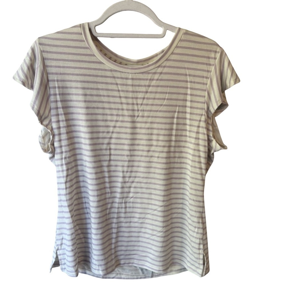 Optima Cream and Purple Fitted Cap Sleeve Tee Women’s L Casual Everyday
